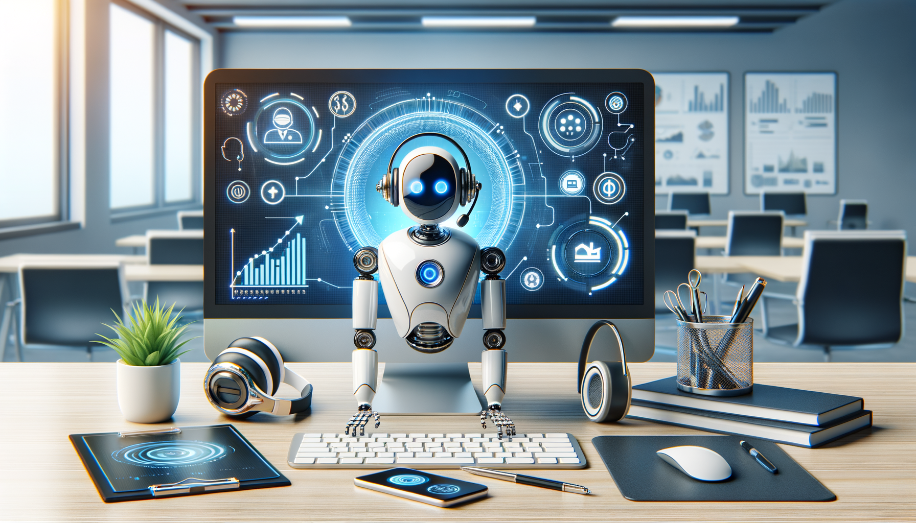 Illustration of AI chatbots assisting customer support reps and sales teams across channels