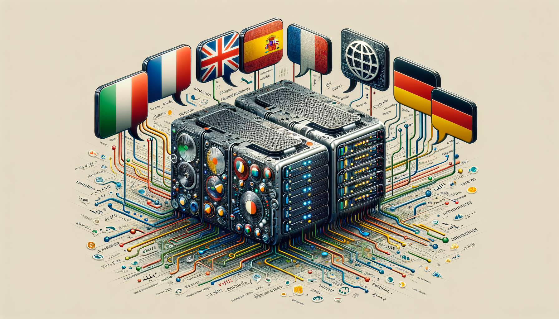 Illustration of machine translation powering multilingual content across devices worldwide