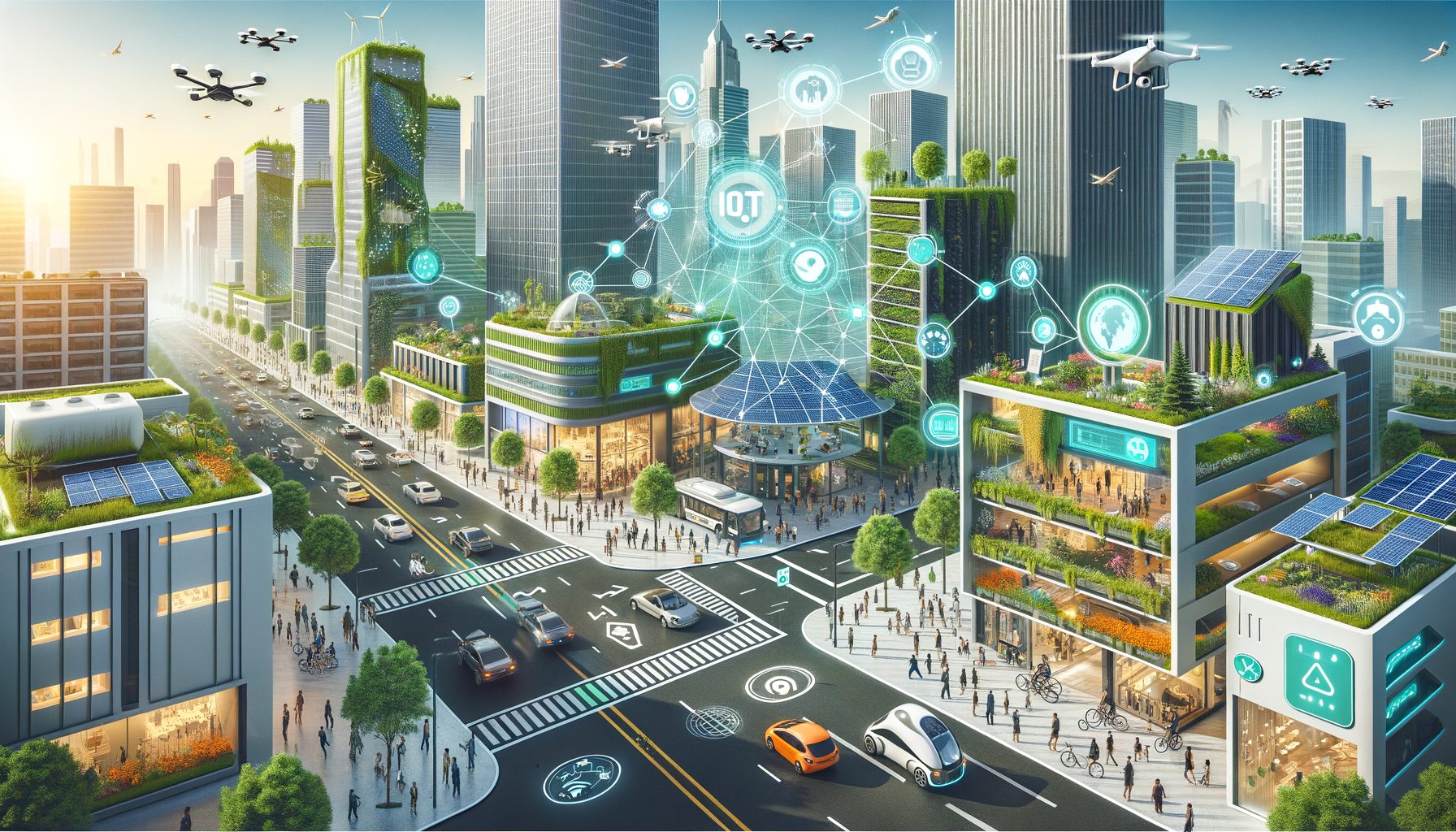 Smart city skyline with connected IoT sensors and AI-powered infrastructure